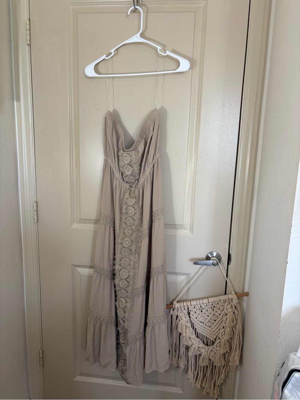 Boho Crochet-Trim Maxi Dress in Beige
